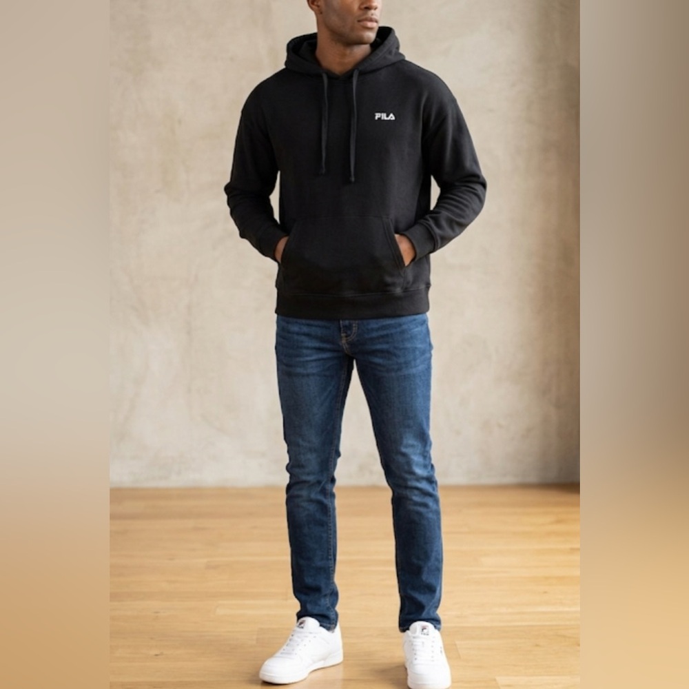 FILA Men’s Black Pullover Hoodie Embroidered Logo Sweatshirt Size Medium